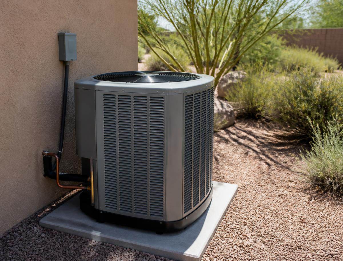 Newly installed residential AC condenser on a concrete pad at an Arizona home