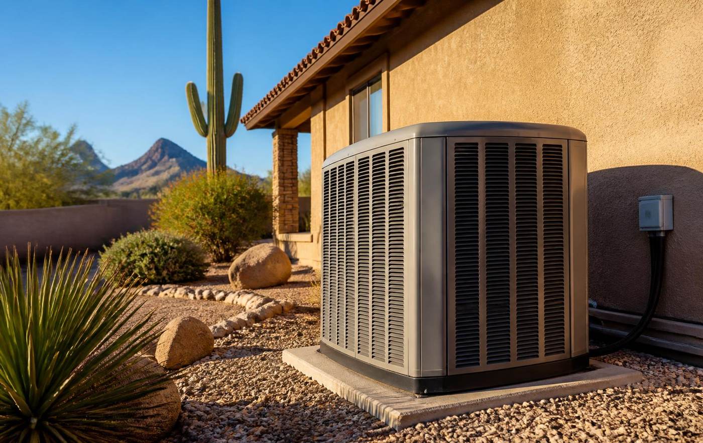 Residential air conditioning condenser beside an Arizona stucco home with desert landscaping