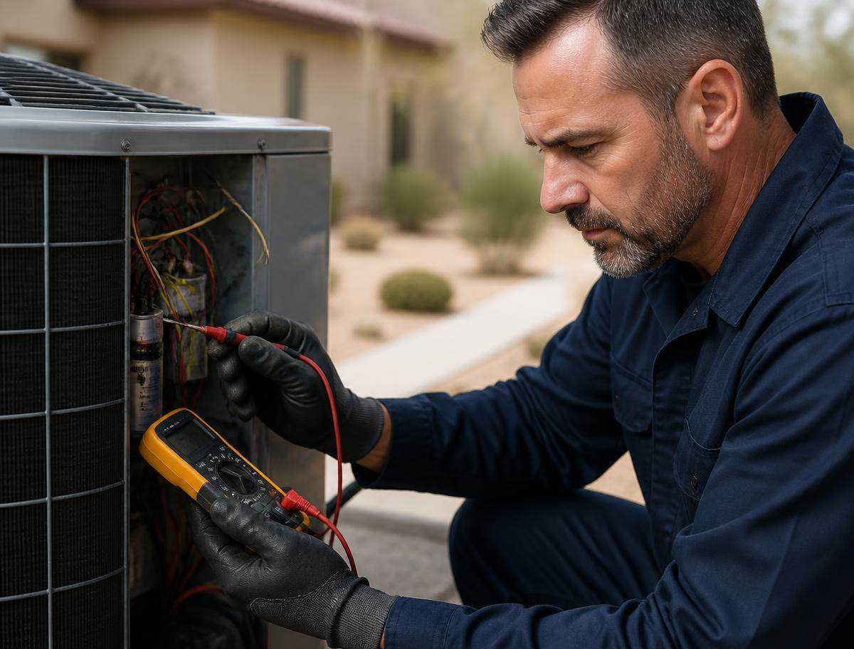 Arizona HVAC technician servicing a home air conditioning system, illustrating Find HVAC Help Near You in Arizona